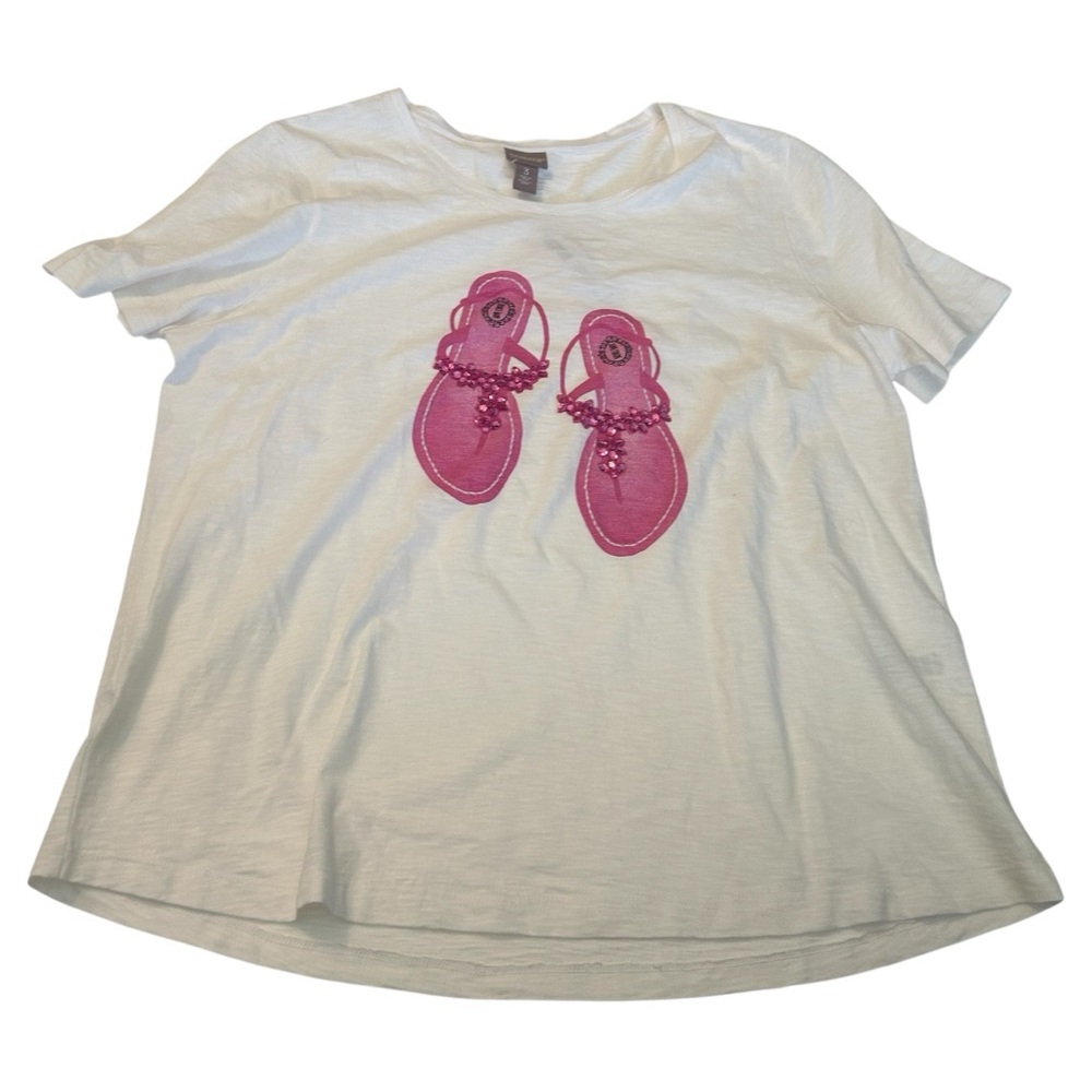 Chicoโs NWT white shirt sleeve t shirt with pink sandals graphic